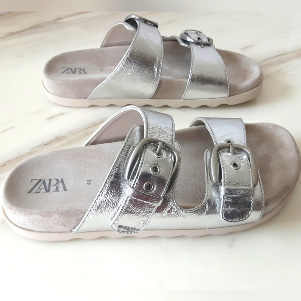 ZARA Silver Metallic Double Buckle Cushion Comfort Slides Sandals Sz 40 (9) - Picture 2 of 9